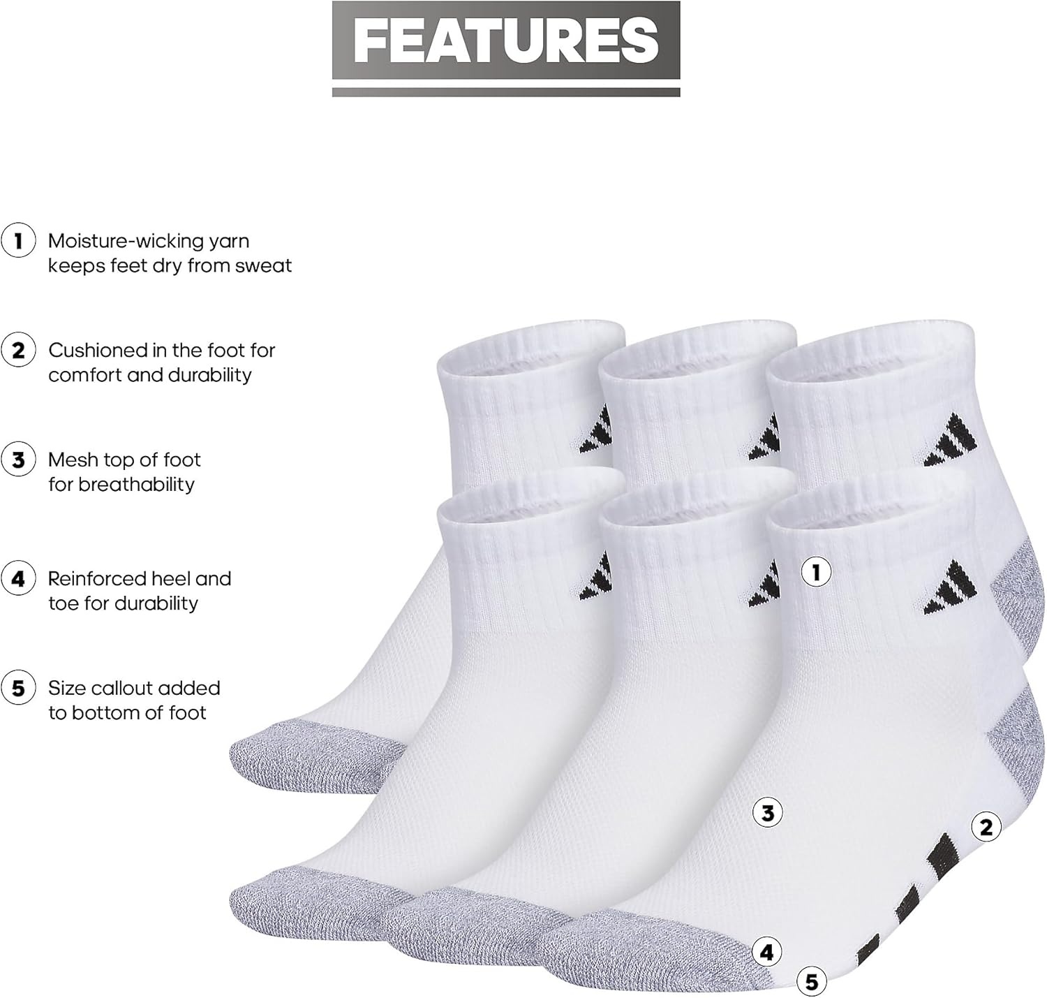 image:imageadidas Kids Cushioned Quarter Ankle Socks for Boys and Girls 6 Pairs Durable amp ComfortableWhiteGreyBlack