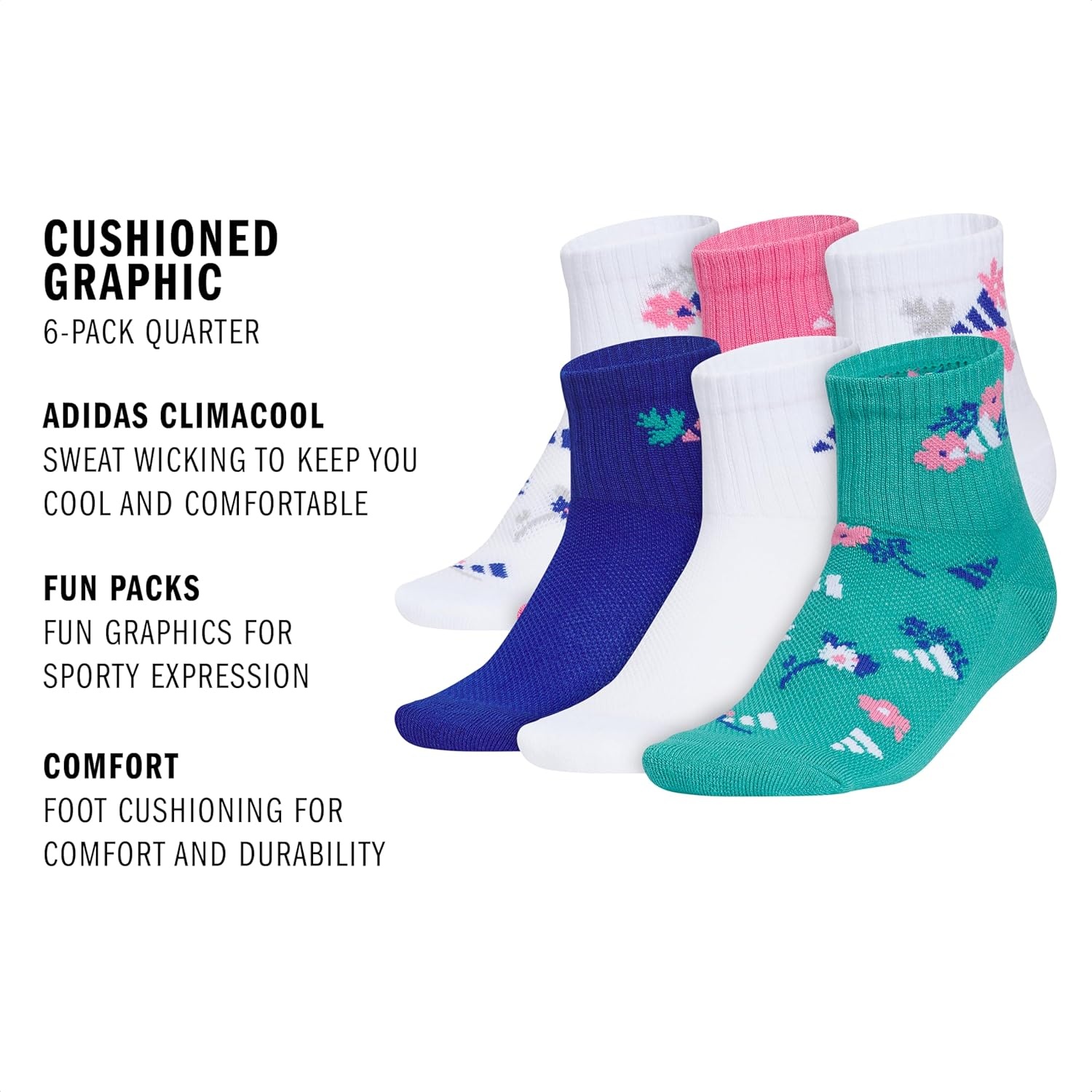image:imageadidas Kids Cushioned Quarter Ankle Socks for Boys and Girls 6 Pairs Durable amp ComfortableWhiteTeam Royal BluePink FusionGirlsGraphic