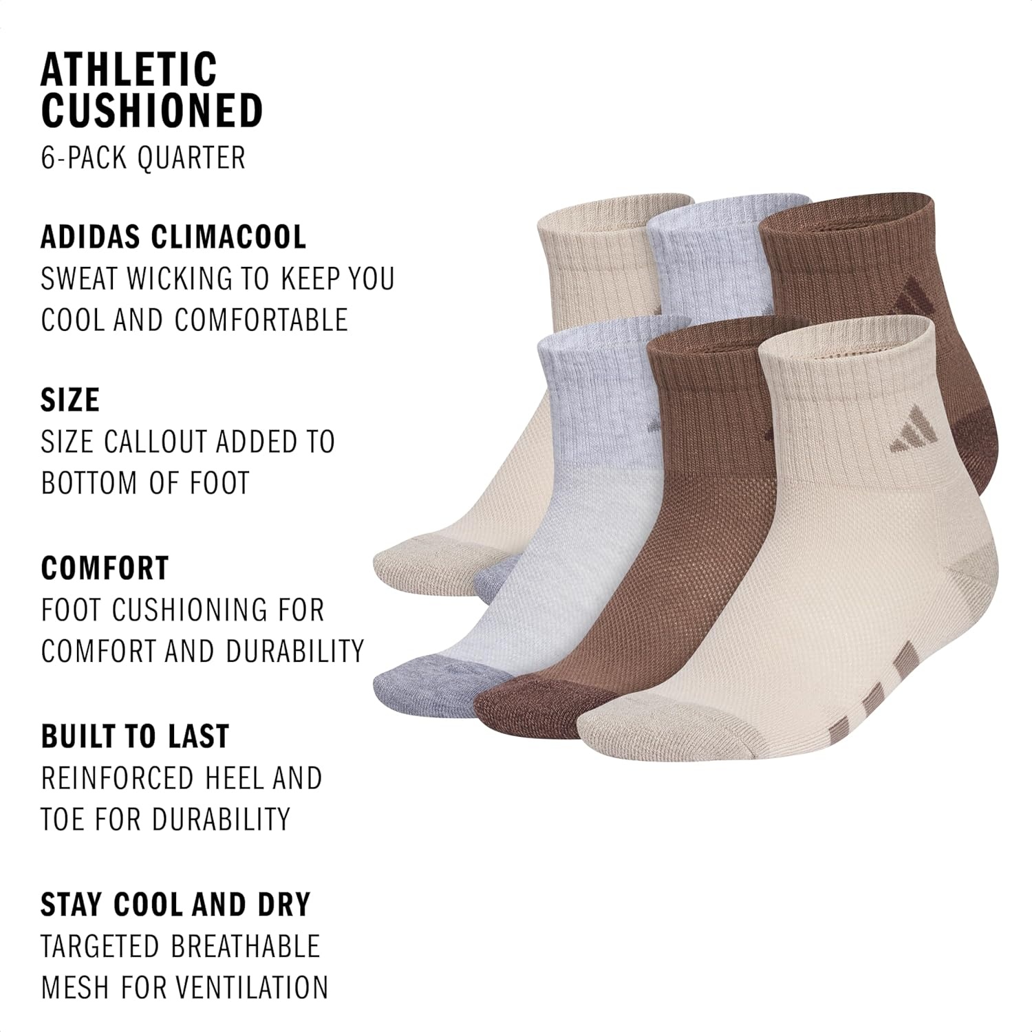 image:imageadidas Kids Cushioned Quarter Ankle Socks for Boys and Girls 6 Pairs Durable amp ComfortableWonder BeigeCool Light HeatherEarth Strata Brown