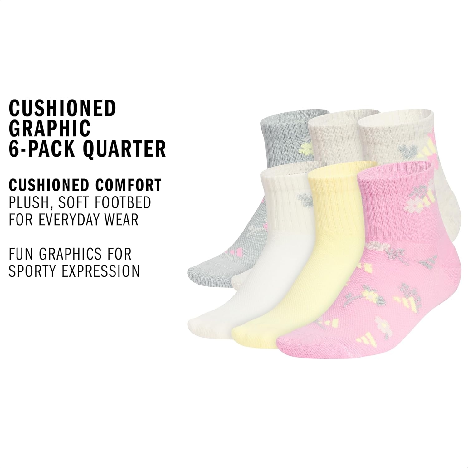 image:imageadidas Kids Cushioned Quarter Ankle Socks for Boys and Girls 6 Pairs Durable amp ComfortableWonder Sage GreenAlumina HeatherWonder WhiteGirlsGraphic