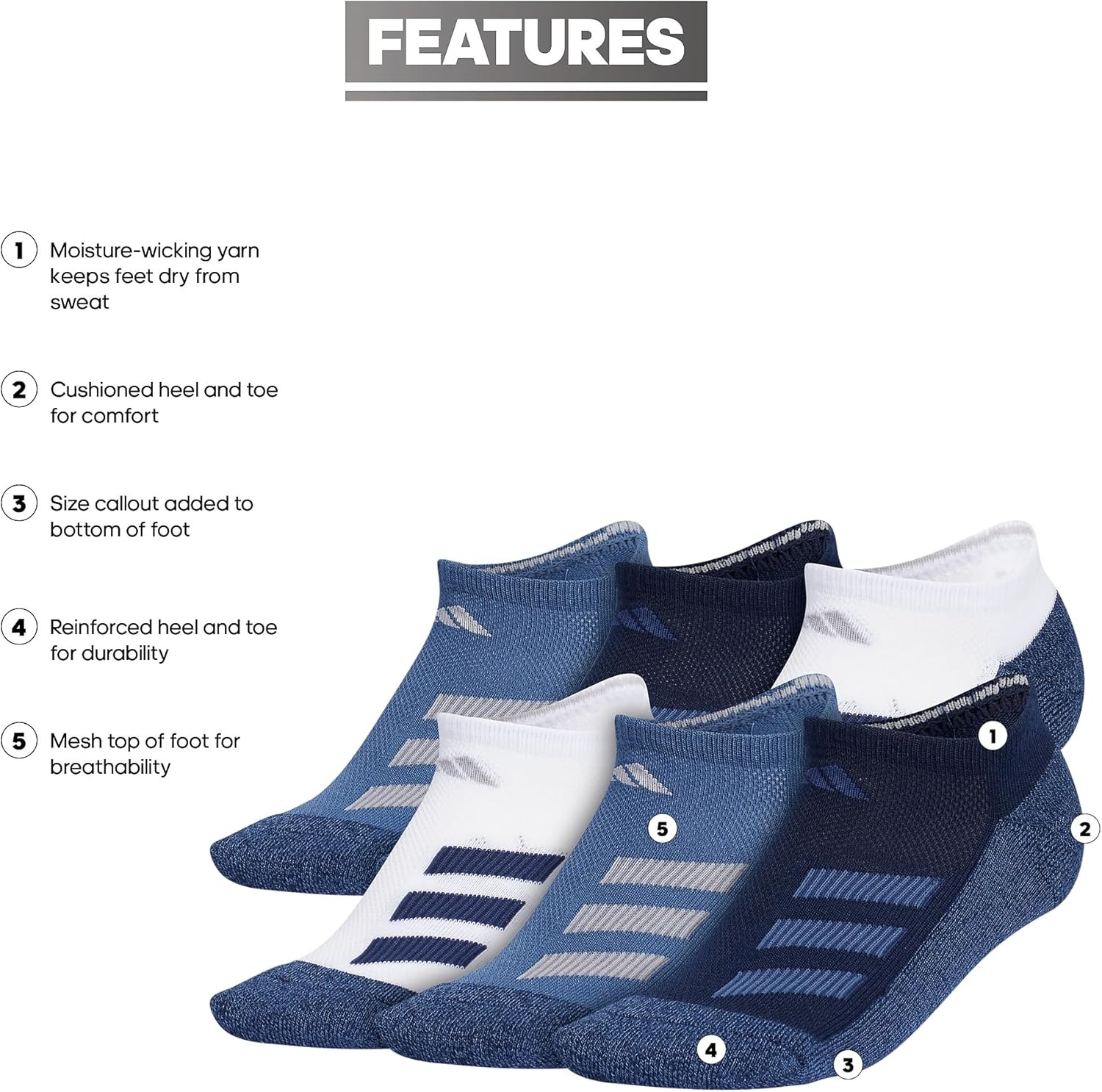 image:imageadidas Kids No Show Socks for Boys and Girls 6 Pairs Durable amp ComfortableAngleWhiteCollegiate NavyWonder Steel Blue