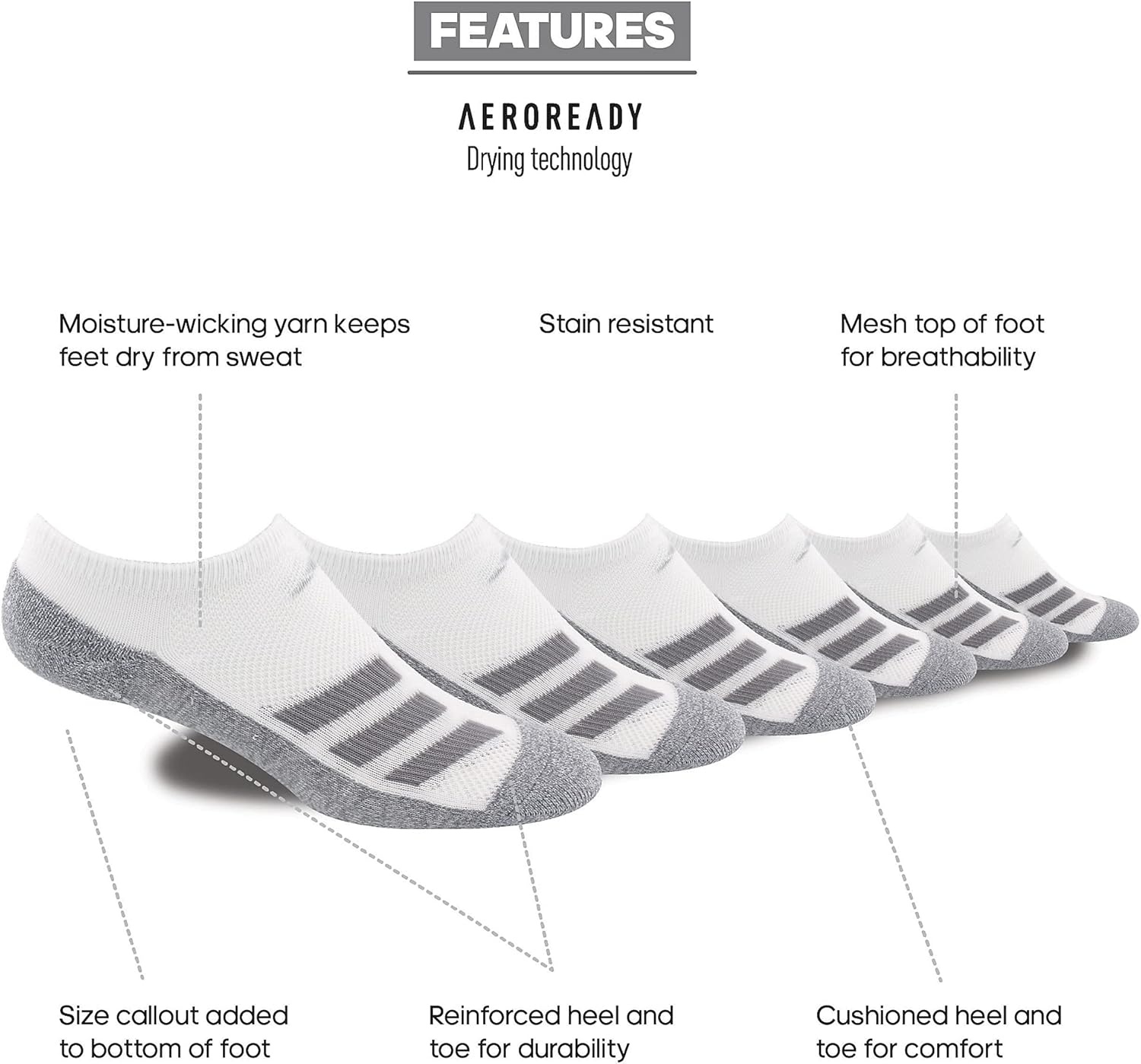 image:imageadidas Kids No Show Socks for Boys and Girls 6 Pairs Durable amp ComfortableAngleWhiteGreyLight Onix Grey