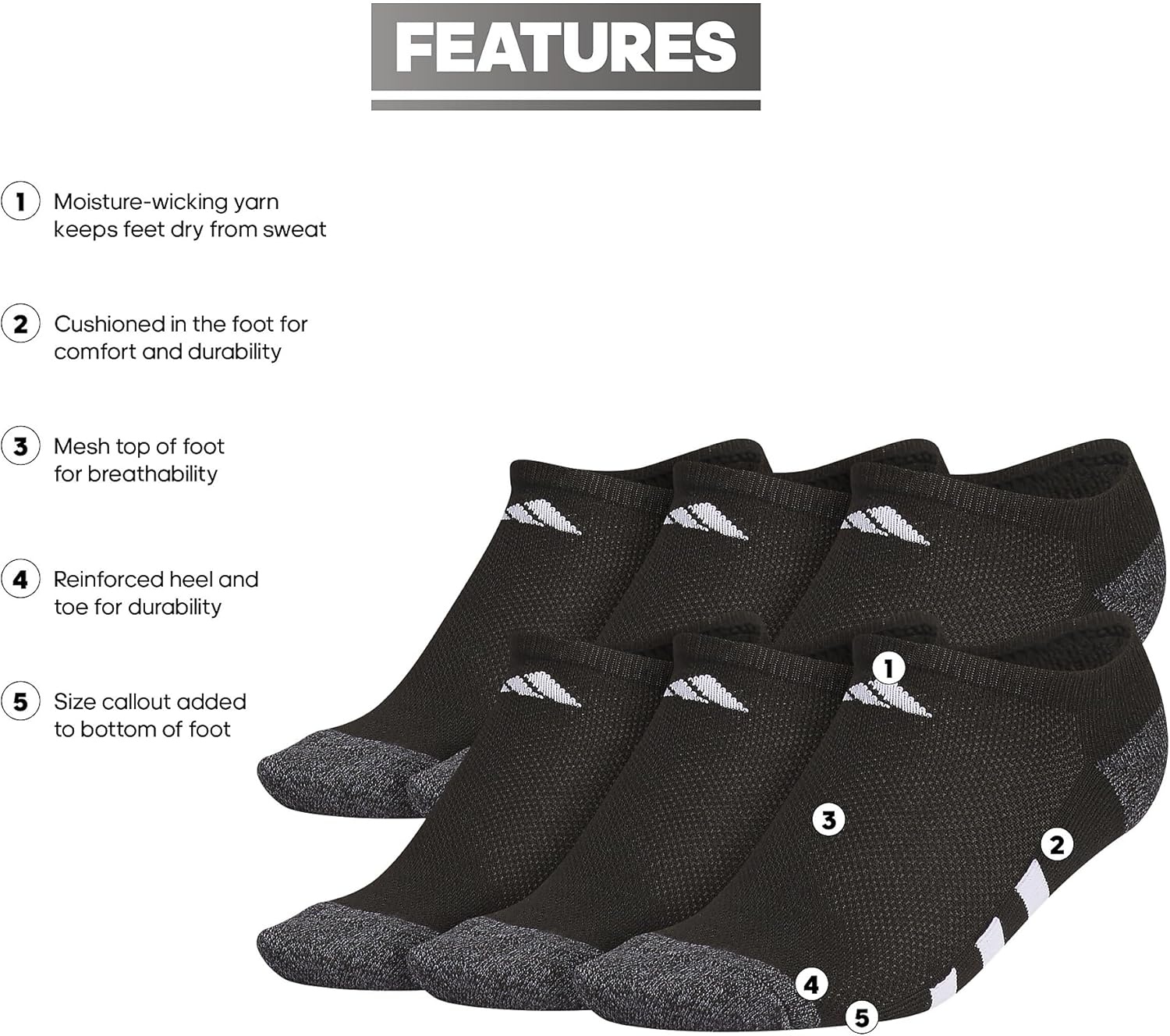 image:imageadidas Kids No Show Socks for Boys and Girls 6 Pairs Durable amp ComfortableBlackOnix GreyWhite