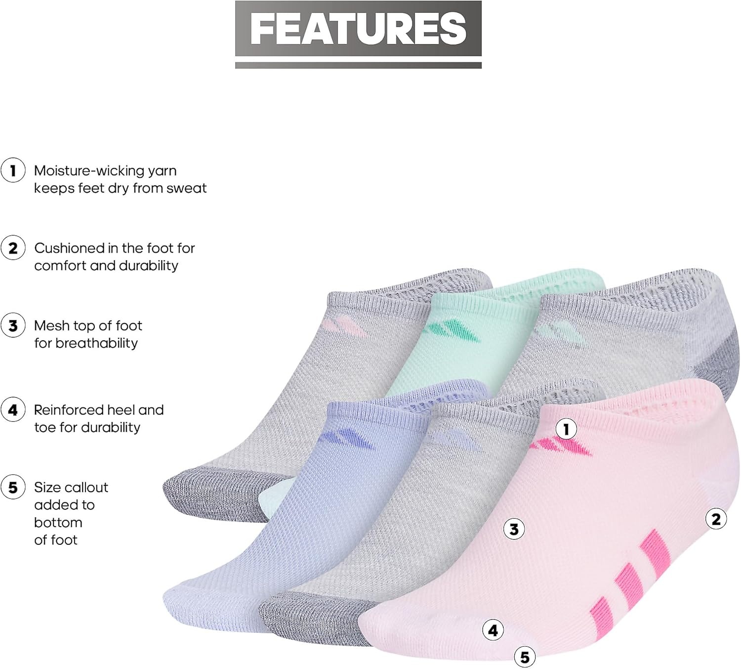 image:imageadidas Kids No Show Socks for Boys and Girls 6 Pairs Durable amp ComfortableCool Light HeatherGreySemi Flash Aqua BlueGirls