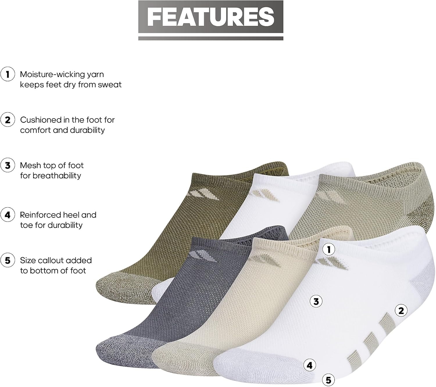 image:imageadidas Kids No Show Socks for Boys and Girls 6 Pairs Durable amp ComfortableSilver Pebble GreyPutty GreyWhite