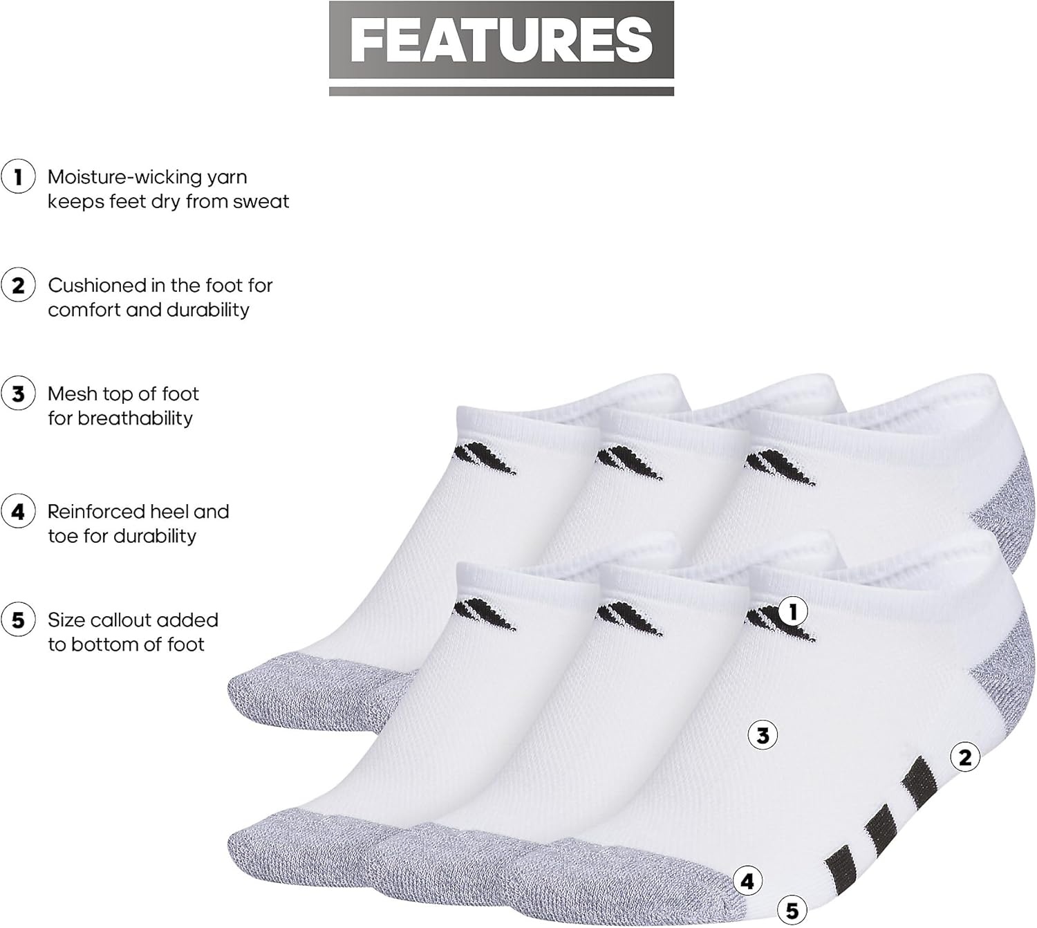 image:imageadidas Kids No Show Socks for Boys and Girls 6 Pairs Durable amp ComfortableWhiteGreyBlack