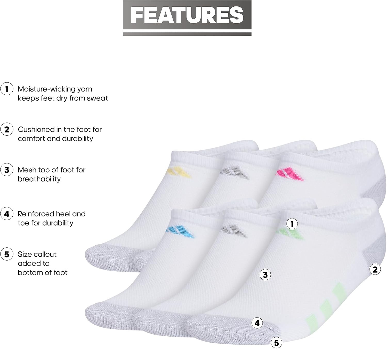 image:imageadidas Kids No Show Socks for Boys and Girls 6 Pairs Durable amp ComfortableWhiteWhiteclear Onix GreyPulse Magenta PinkGirls