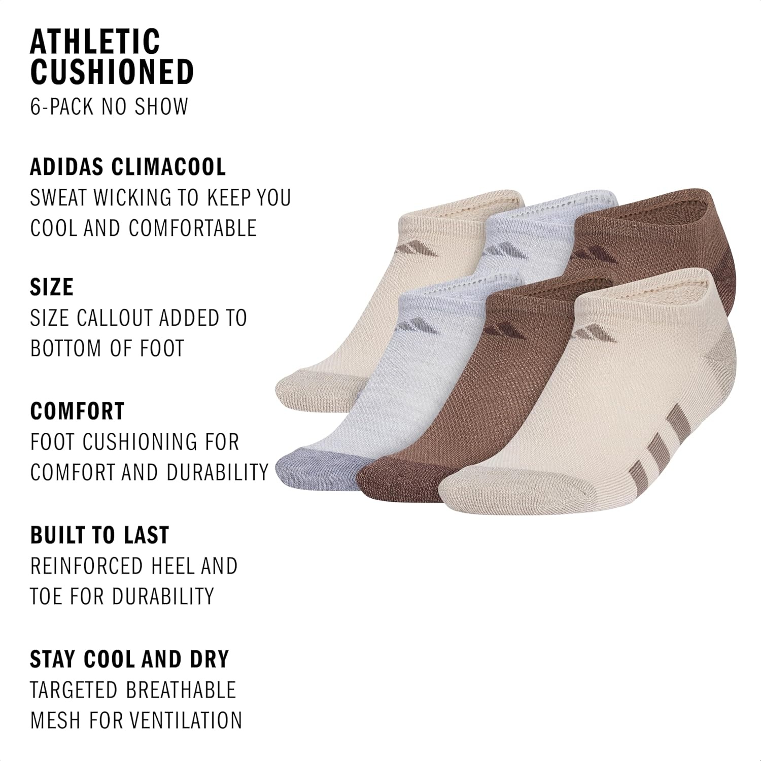 image:imageadidas Kids No Show Socks for Boys and Girls 6 Pairs Durable amp ComfortableWonder BeigeCool Light HeatherEarth Strata Brown