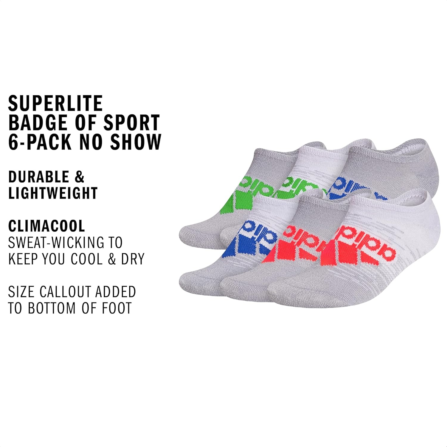 image:imageadidas Kids Superlite No Show Socks for Boys amp Girls 6 Pairs LightweightGreySolar RedTeam Royal Blue