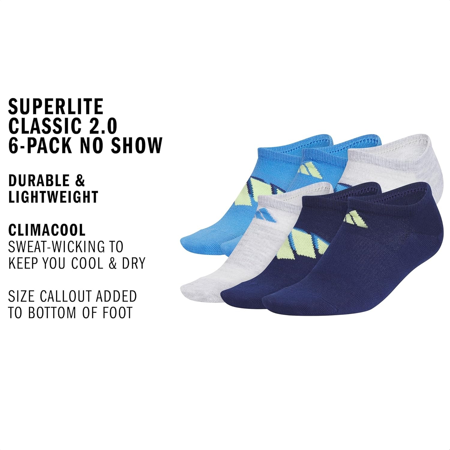 image:imageadidas Kids Superlite No Show Socks for Boys amp Girls 6 Pairs LightweightRay BluePulse Lime GreenDark BlueClassic20