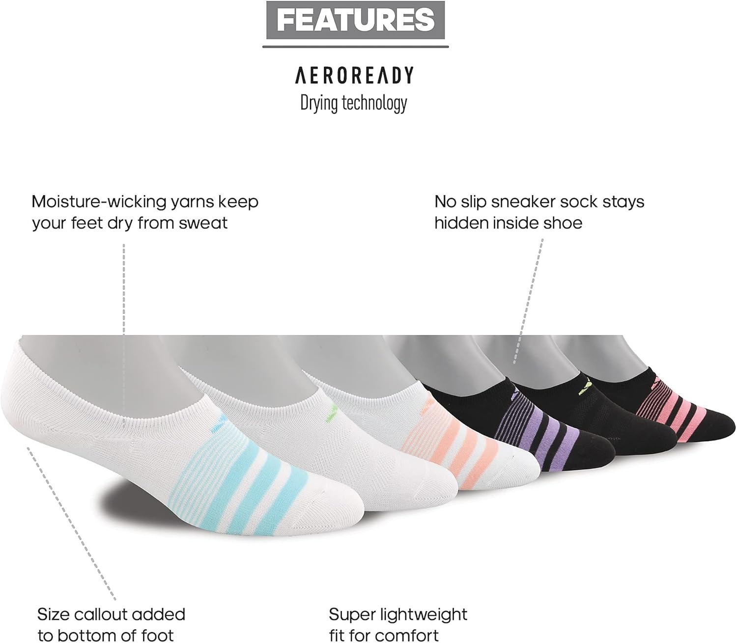 image:imageadidas Kids Superlite No Show Socks for Boys amp Girls 6 Pairs LightweightWhiteClear Aqua BlueBlack