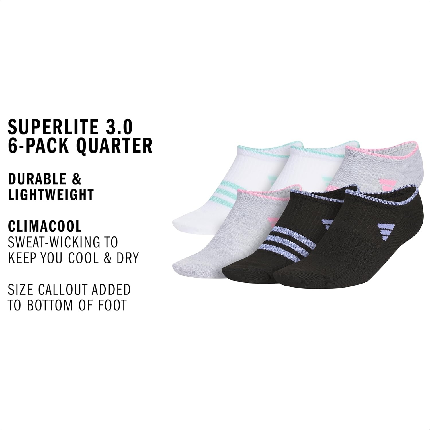 image:imageadidas Kids Superlite No Show Socks for Boys amp Girls 6 Pairs LightweightWhiteShiny Energy AquaShiny Bliss PinkGirls30