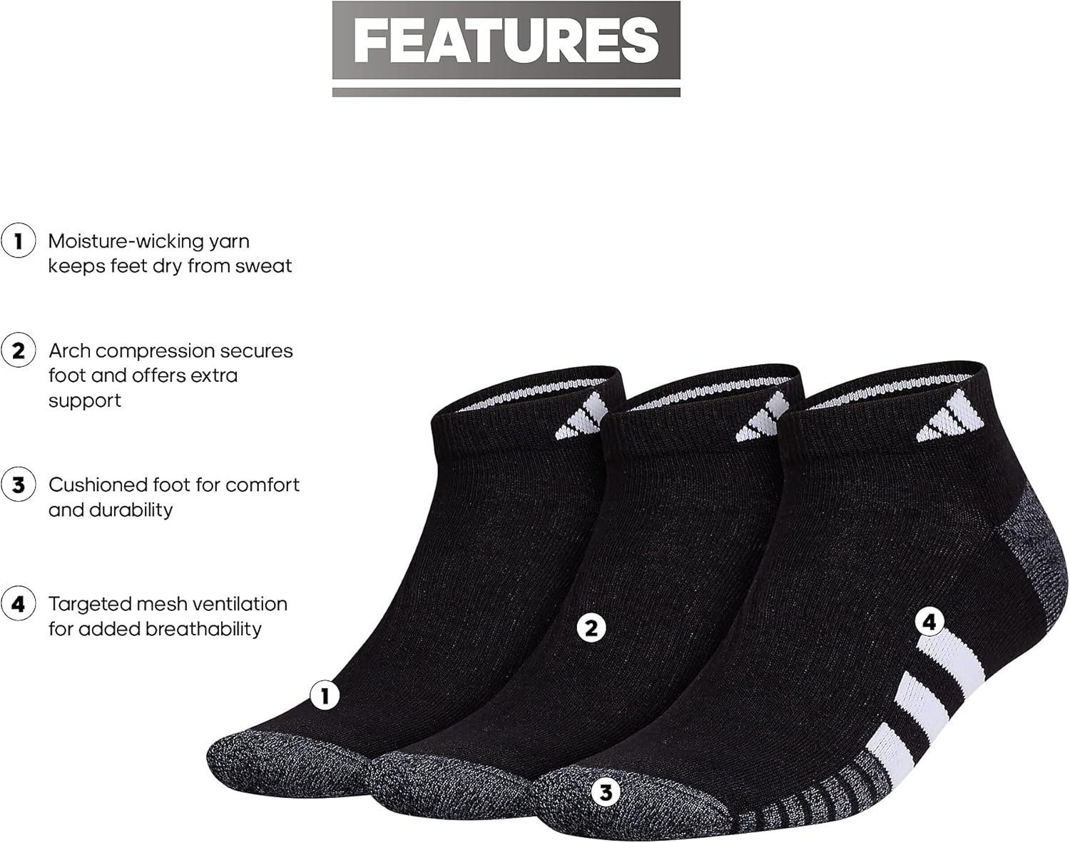 image:imageadidas Mens Cushioned Low Cut Ankle Socks 3 Pairs Durable amp ComfortableBlackOnix GreyWhite3