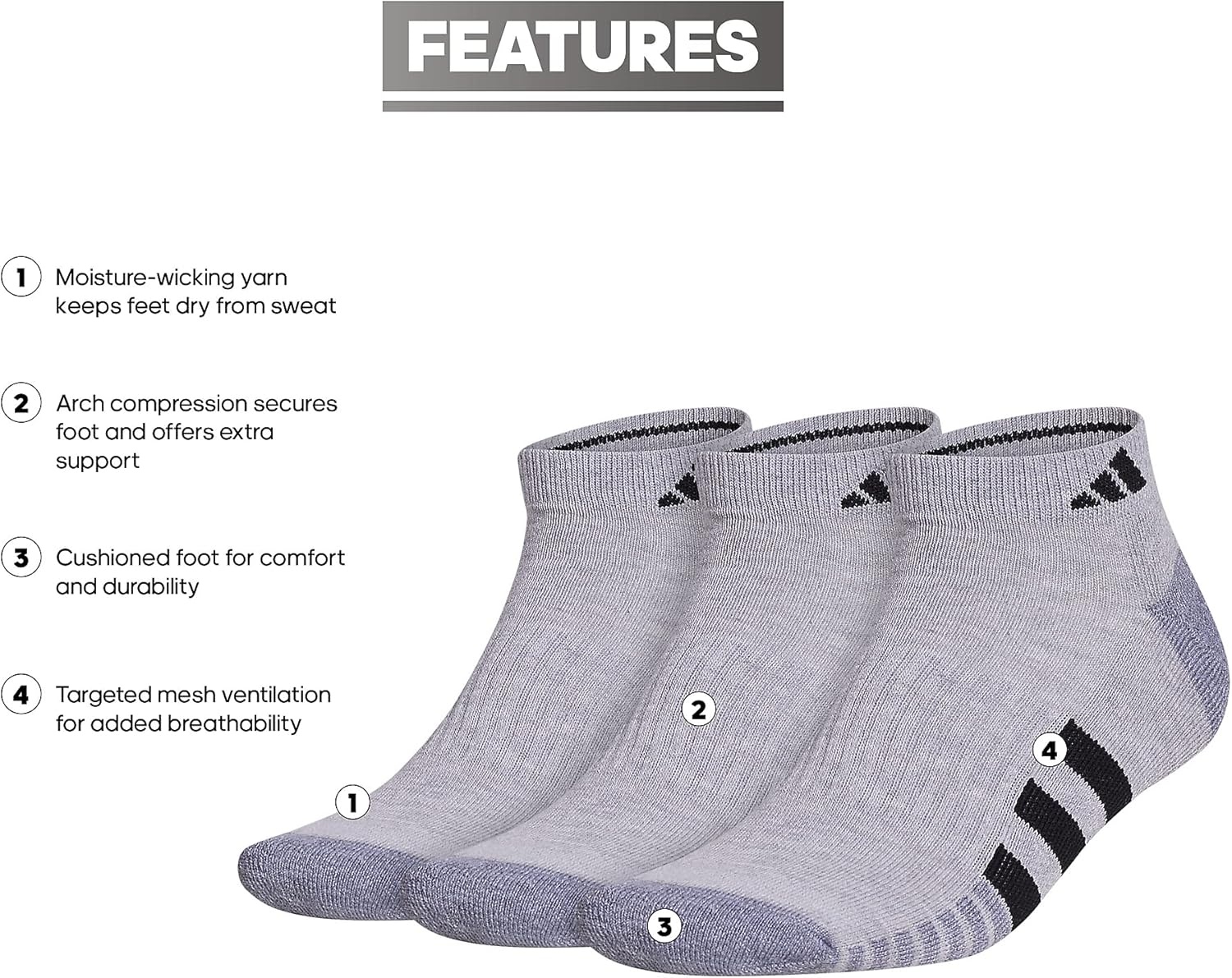 image:imageadidas Mens Cushioned Low Cut Ankle Socks 3 Pairs Durable amp ComfortableCool Light HeatherGreyBlack3