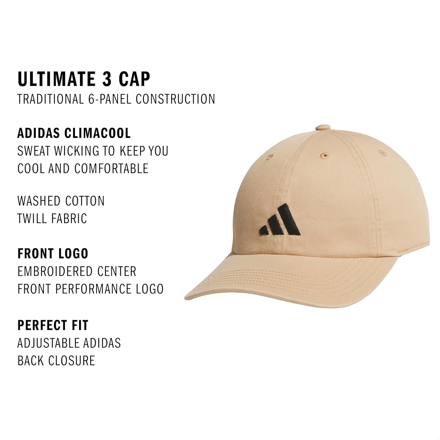 image:imageadidas Mens Ultimate Baseball Cap Athletic Relaxed Cotton Strapback HatWarm Sandstone BeigeBlack3