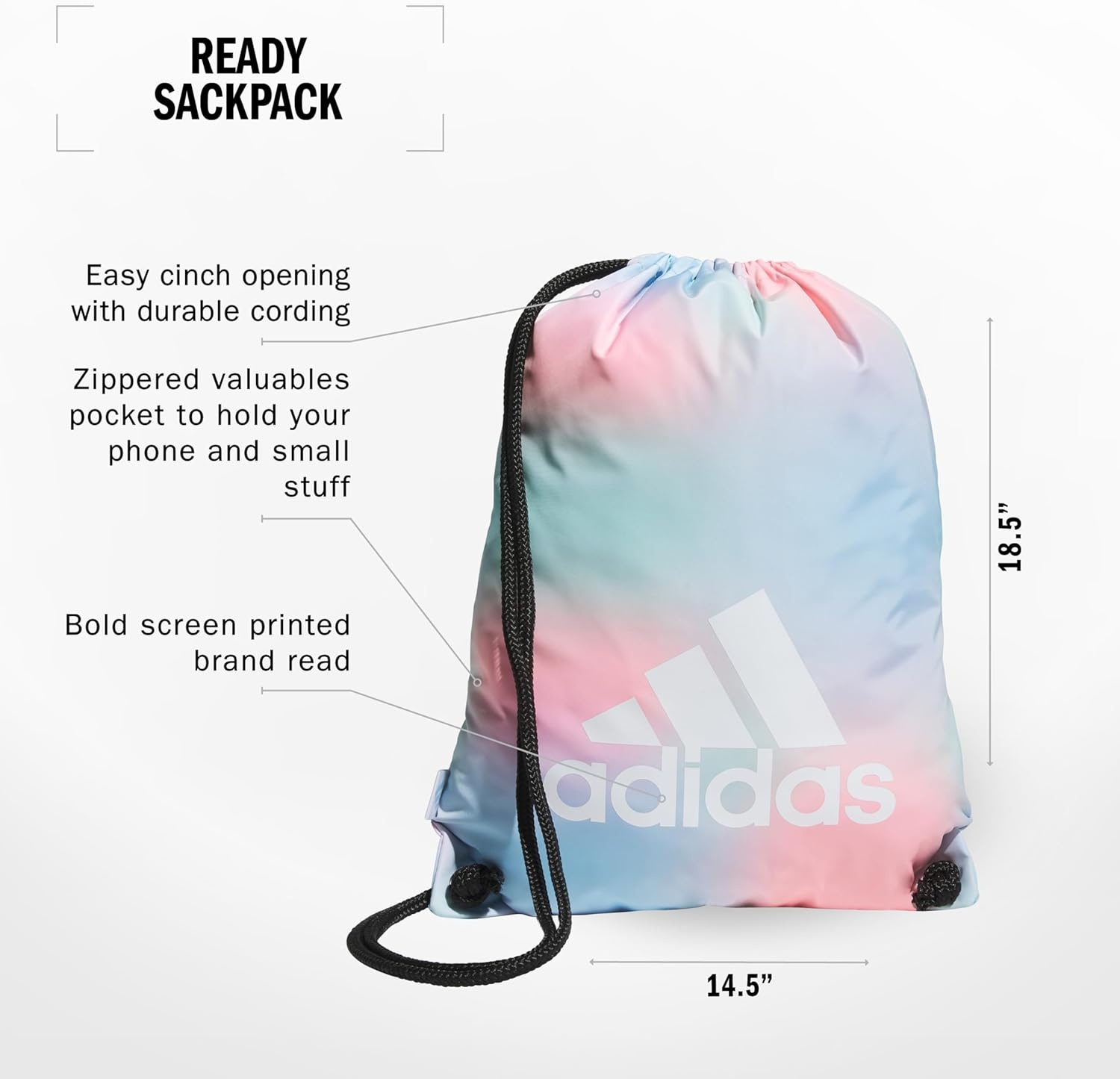 image:imageadidas Ready Sackpack Drawstring Backpack Lightweight Small Gym BagDazed Gradient Clear SkyWhite10