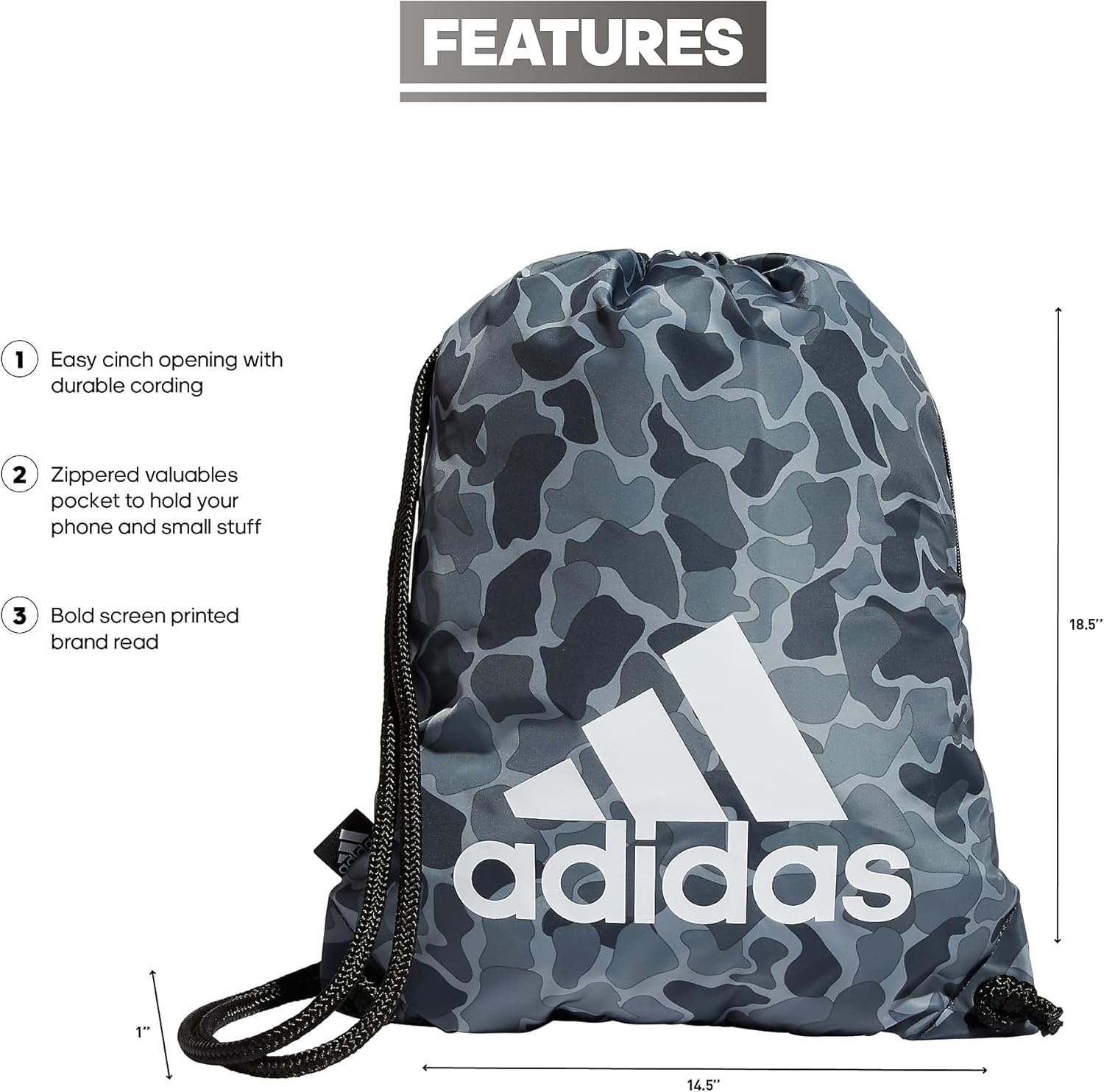 image:imageadidas Ready Sackpack Drawstring Backpack Lightweight Small Gym BagNomad Camo GreyWhiteBlack10