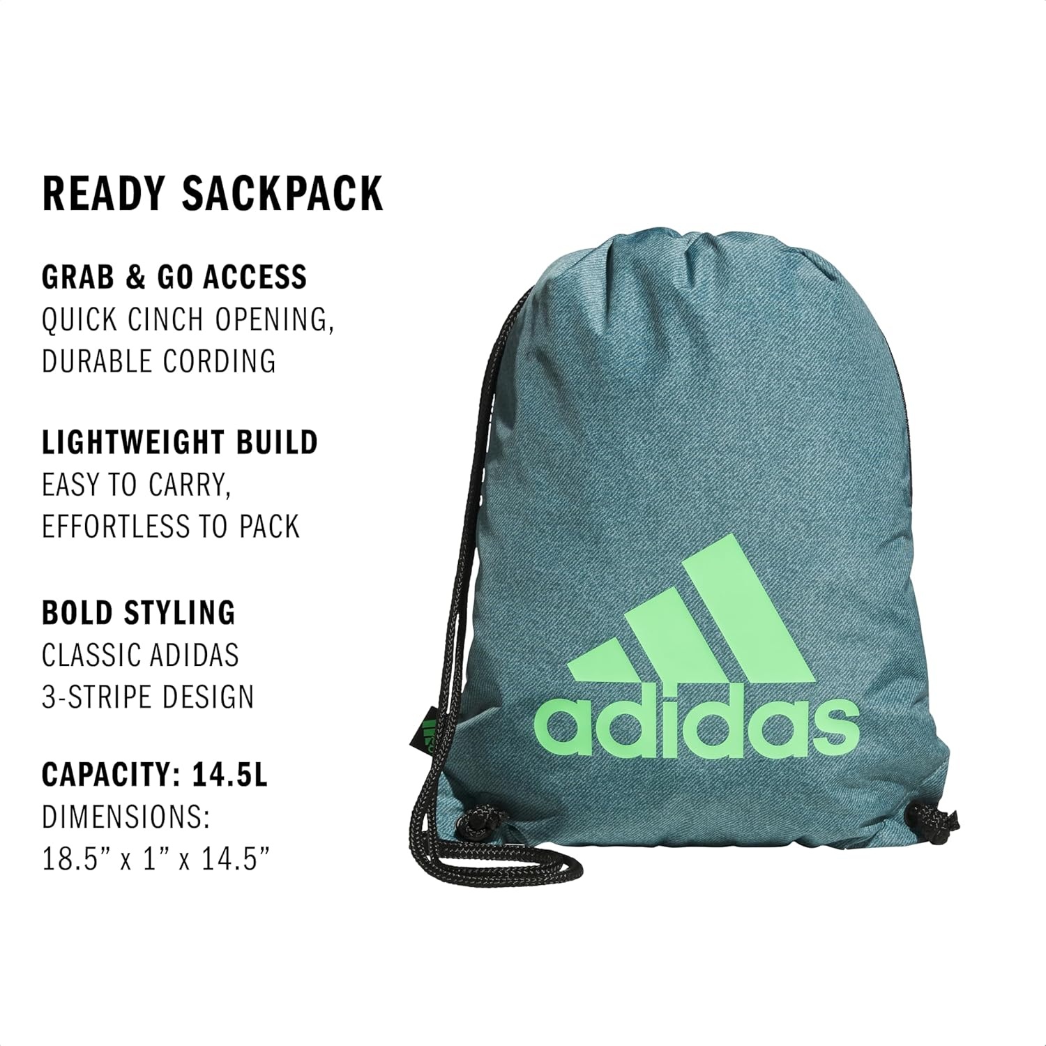 image:imageadidas Ready Sackpack Drawstring Backpack Lightweight Small Gym BagTwill Preloved TealLime Burst Green10