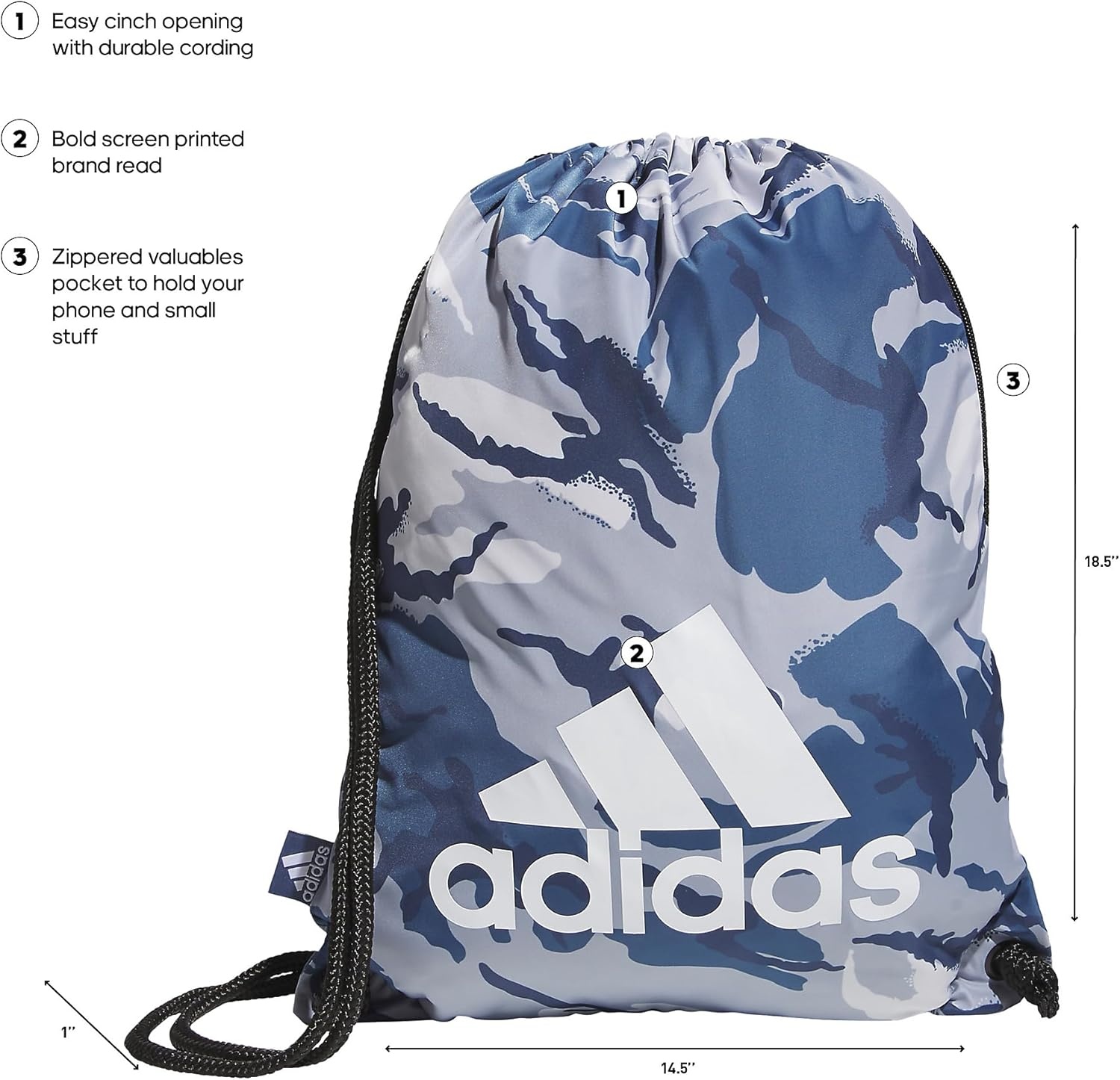 image:imageadidas Ready Sackpack Drawstring Backpack Lightweight Small Gym BagWoodland Essential Camo Preloved InkWhiteBlack10