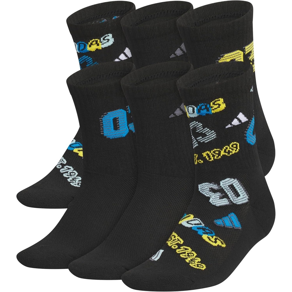 image:imageadidas Kids Cushioned Crew Socks for Boys amp Girls 6 Pairs Durable amp ComfortableMixedBlackBright BlueBold Gold