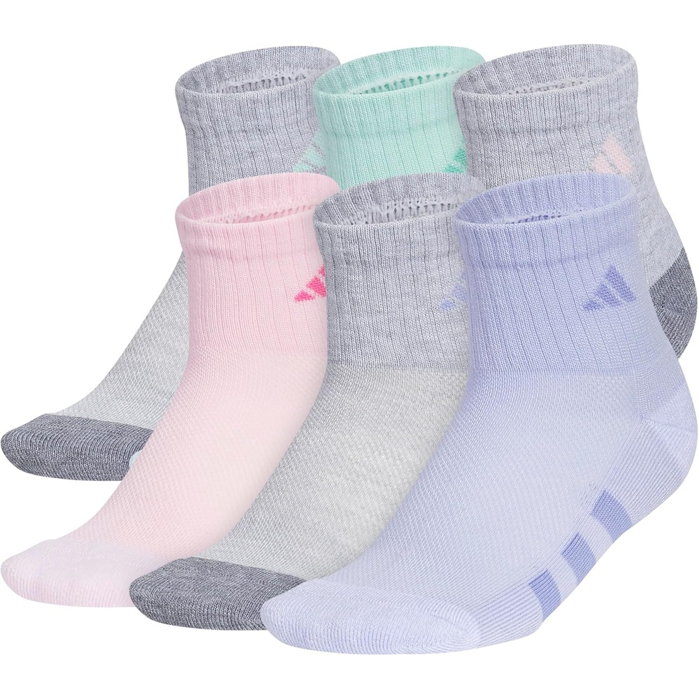 image:imageadidas Kids Cushioned Quarter Ankle Socks for Boys and Girls 6 Pairs Durable amp ComfortableCool Light HeatherGreySemi Flash Aqua BlueGirls