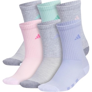 adidas Kids Cushioned Crew Socks for Boys & Girls (6 Pairs) Durable & Comfortable(Girls/Cool Light Heather/Grey/Semi Flash Aqua Blue)