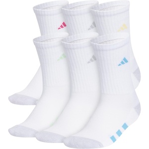 adidas Kids Cushioned Crew Socks for Boys & Girls (6 Pairs) Durable & Comfortable(Girls/White/White-clear Onix Grey/Pulse Magenta Pink)