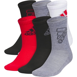 adidas Kids Cushioned Crew Socks for Boys & Girls (6 Pairs) Durable & Comfortable(Mixed/Black/Better Scarlet/Heather Grey)