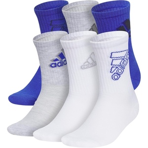 adidas Kids Cushioned Crew Socks for Boys & Girls (6 Pairs) Durable & Comfortable(Mixed/Semi Lucid Blue/Cool Light Heather/White)