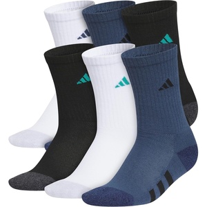 adidas Kids Cushioned Crew Socks for Boys & Girls (6 Pairs) Durable & Comfortable(White/Pure Teal Green/Mineral Blue)