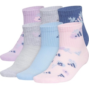 adidas Kids Cushioned Quarter Ankle Socks for Boys and Girls (6 Pairs) Durable & Comfortable(Powder Plum Purple/Glow Blue/Clear Pink/Girls/Graphic)