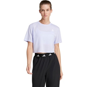 adidas Womens Train Essentials Boxy Workout Crew Neck Short Sleeve Athletic Casual Tops Casual – White(Violet Tone)