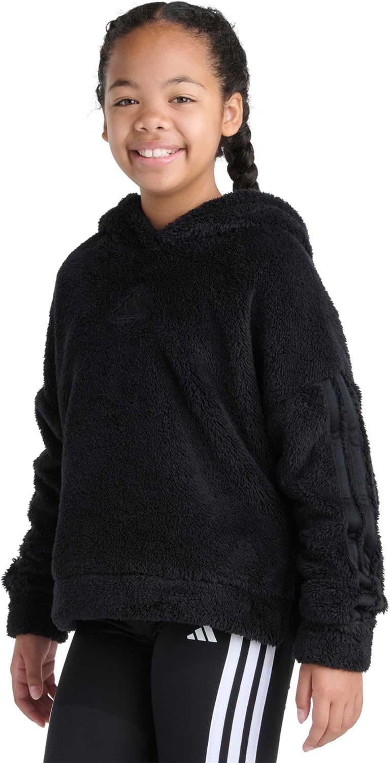 image:imageadidas Girls 3stripes Sherpa Hooded Pullover Big KidBlack Adi