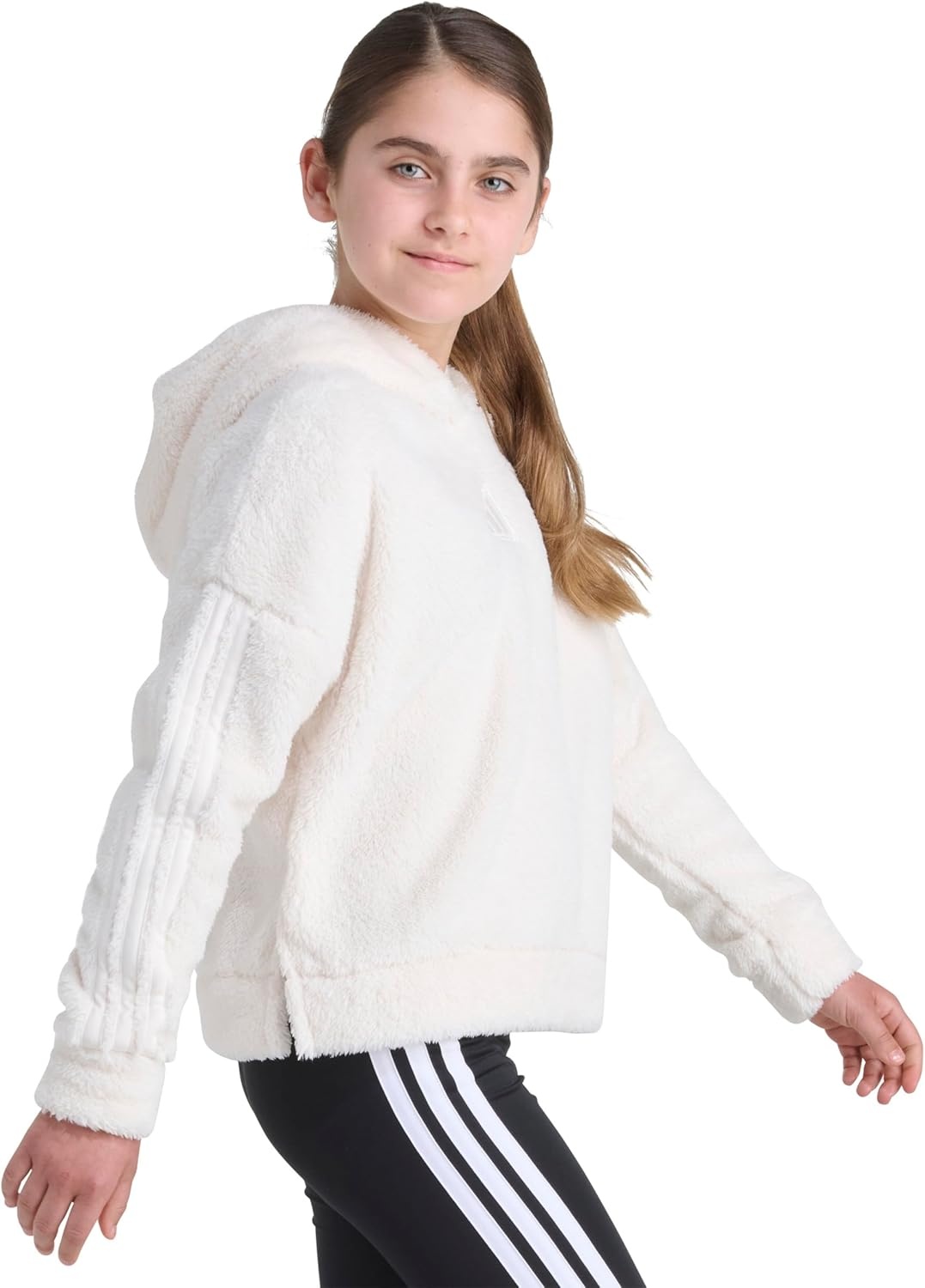 image:imageadidas Girls 3stripes Sherpa Hooded Pullover Big KidChalk White