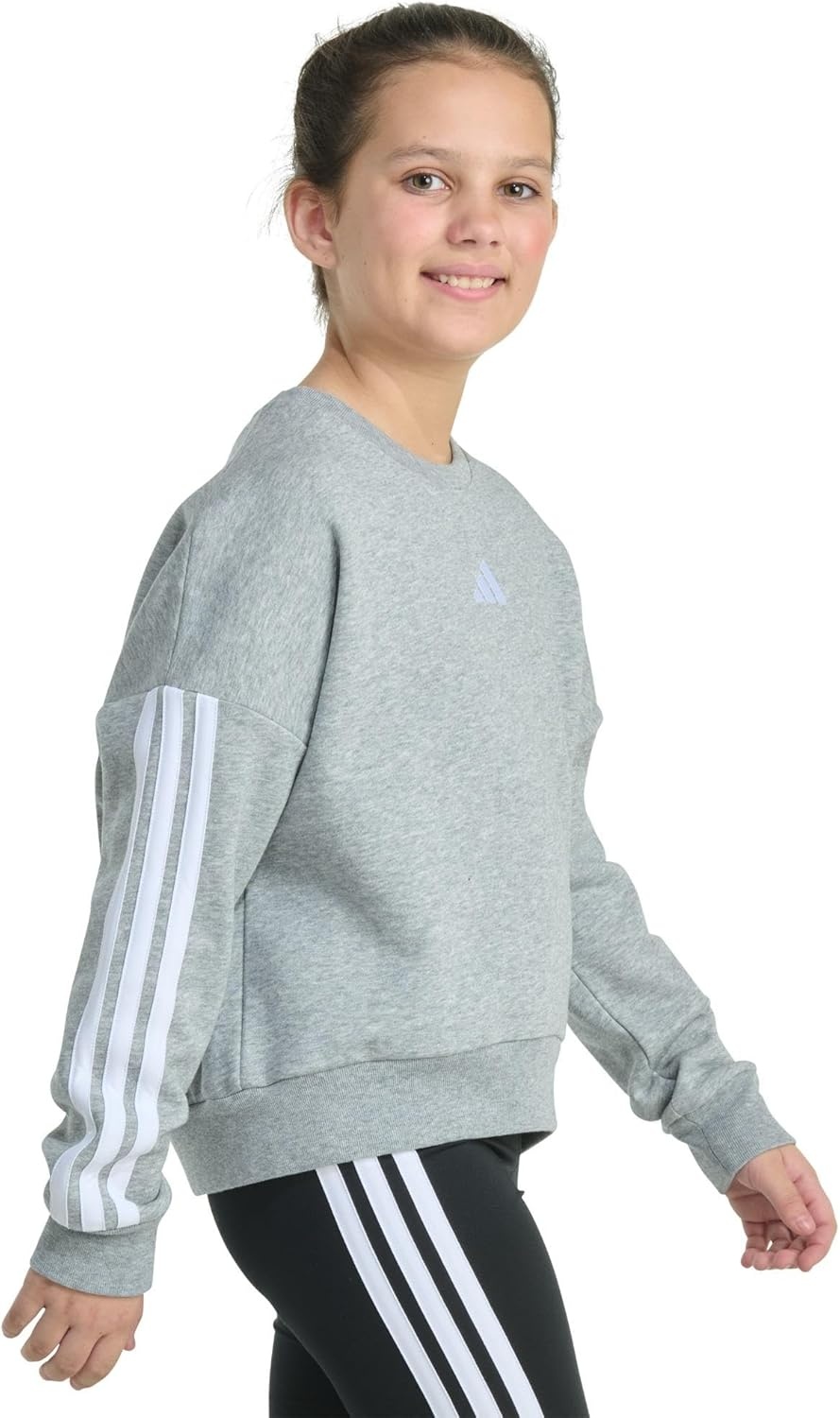 image:imageadidas Girls Fleece 3stripe Crewneck SweatshirtMedium Grey Heather