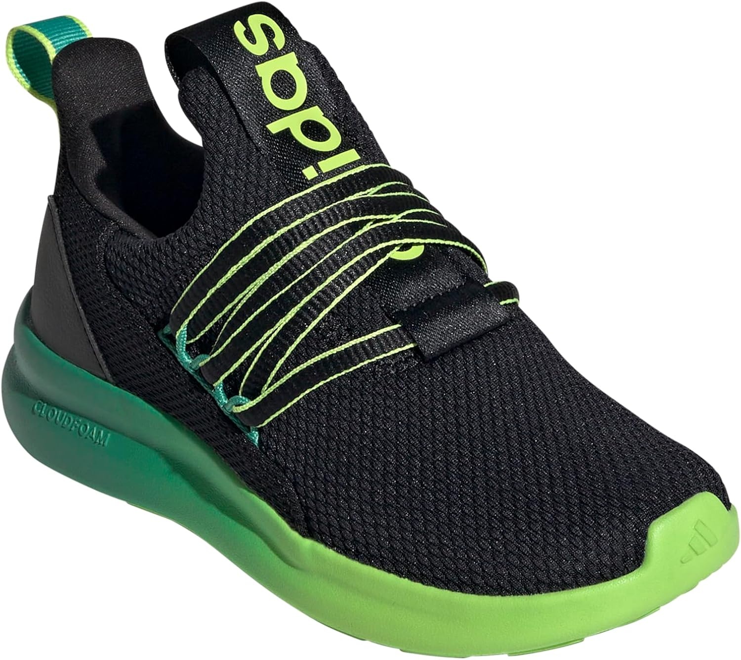 image:imageadidas Kids Girls Lite Racer Adapt 70 Lace Up Sneakers Shoes Casual BlackBlackSemi Court GreenSolar Slime