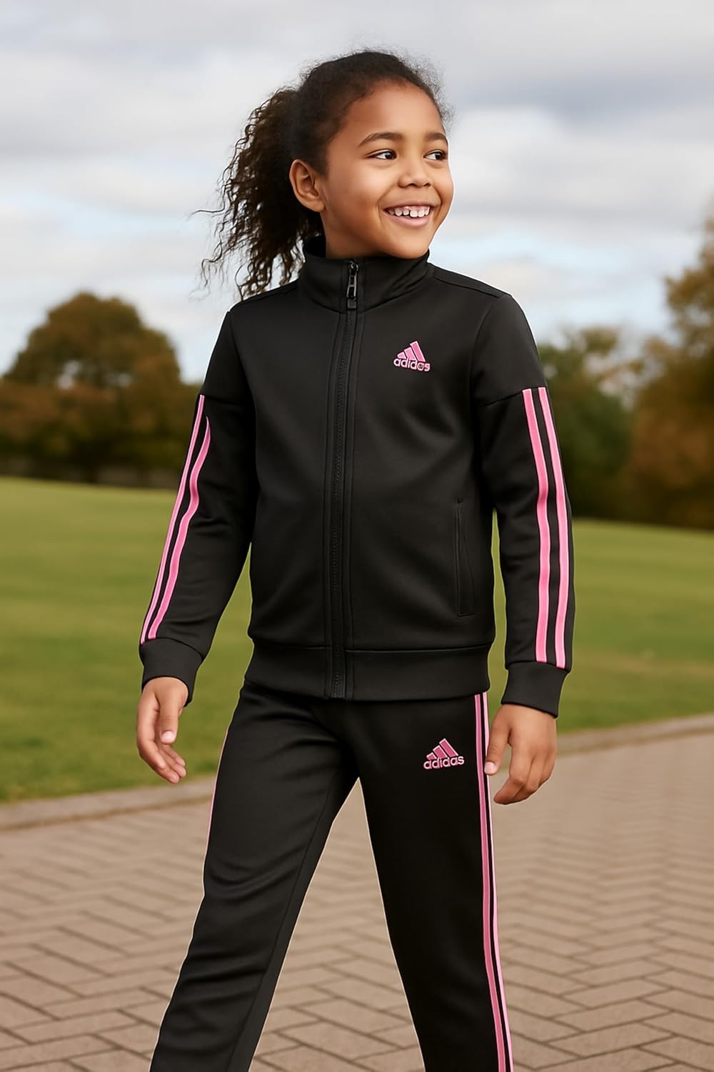 image:imageadidas Little Girls Zip Front Classic Tricot Jacket and Joggers SetBlackLight Pink