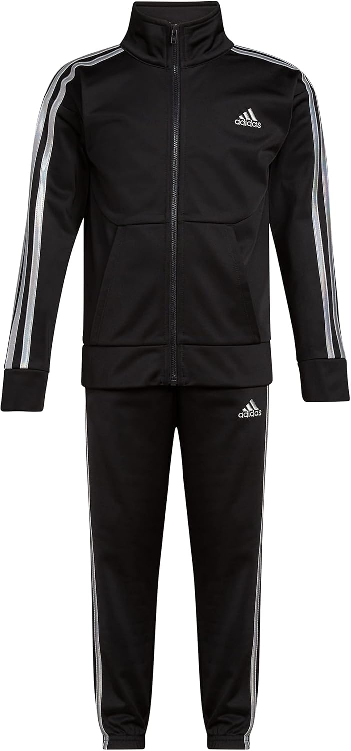 image:imageadidas Little Girls Zip Front Classic Tricot Jacket and Joggers SetBlackSilver