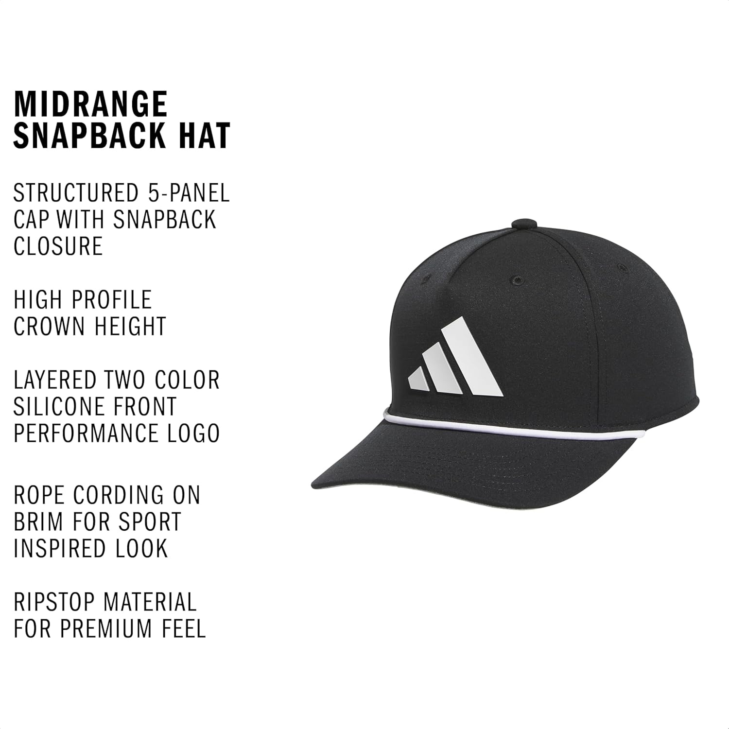 image:imageadidas Mens Midrange Hat Athletic Structured Snapback CapBlackWhiteGrey