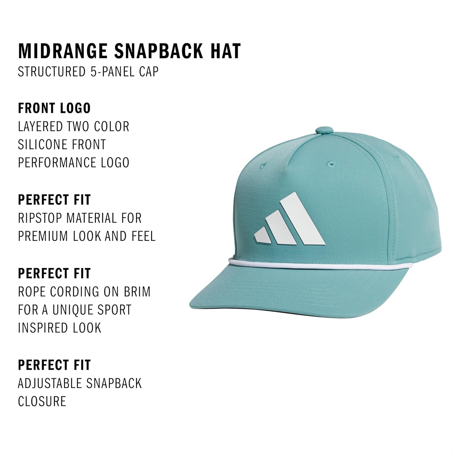 image:imageadidas Mens Midrange Hat Athletic Structured Snapback CapPowder Teal GreenWhiteBlack
