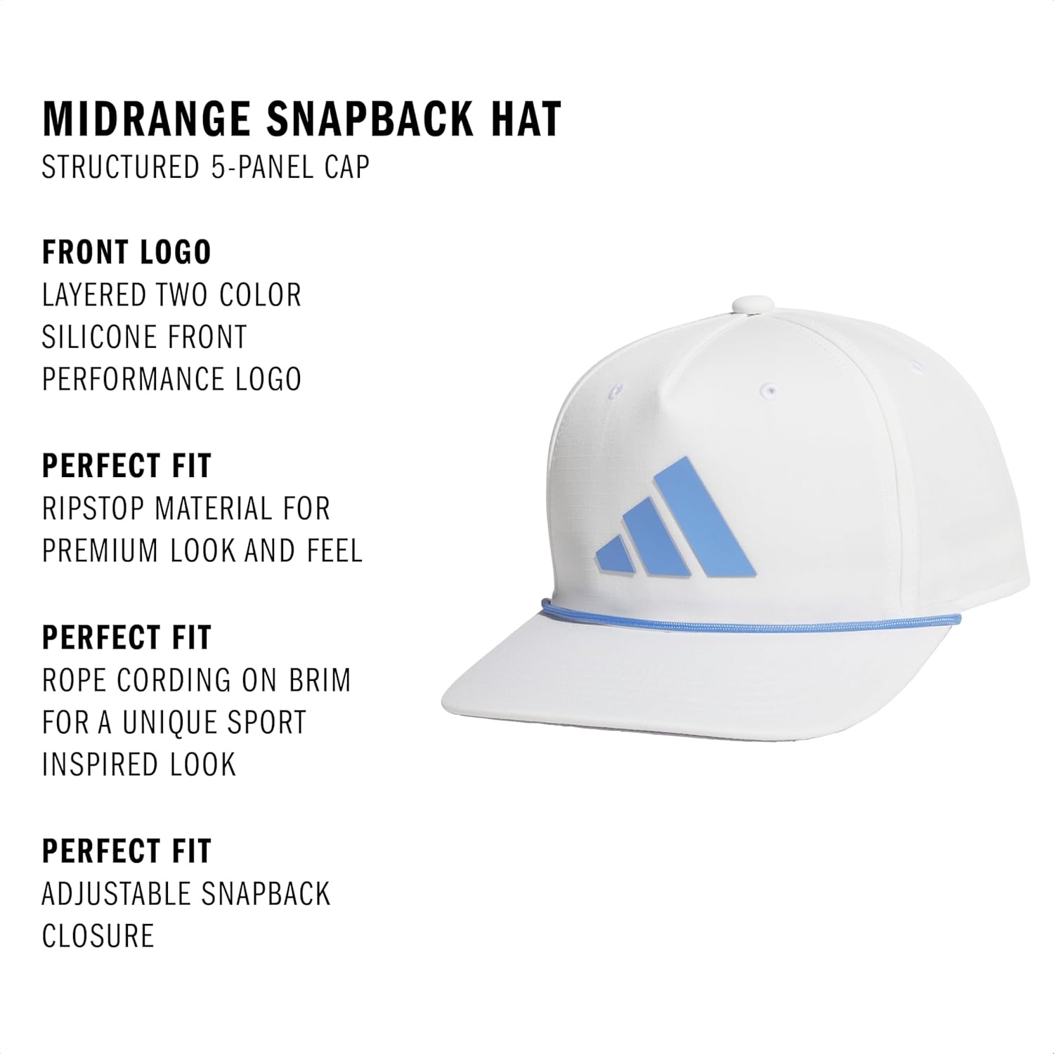 image:imageadidas Mens Midrange Hat Athletic Structured Snapback CapWhiteBlue FusionGrey
