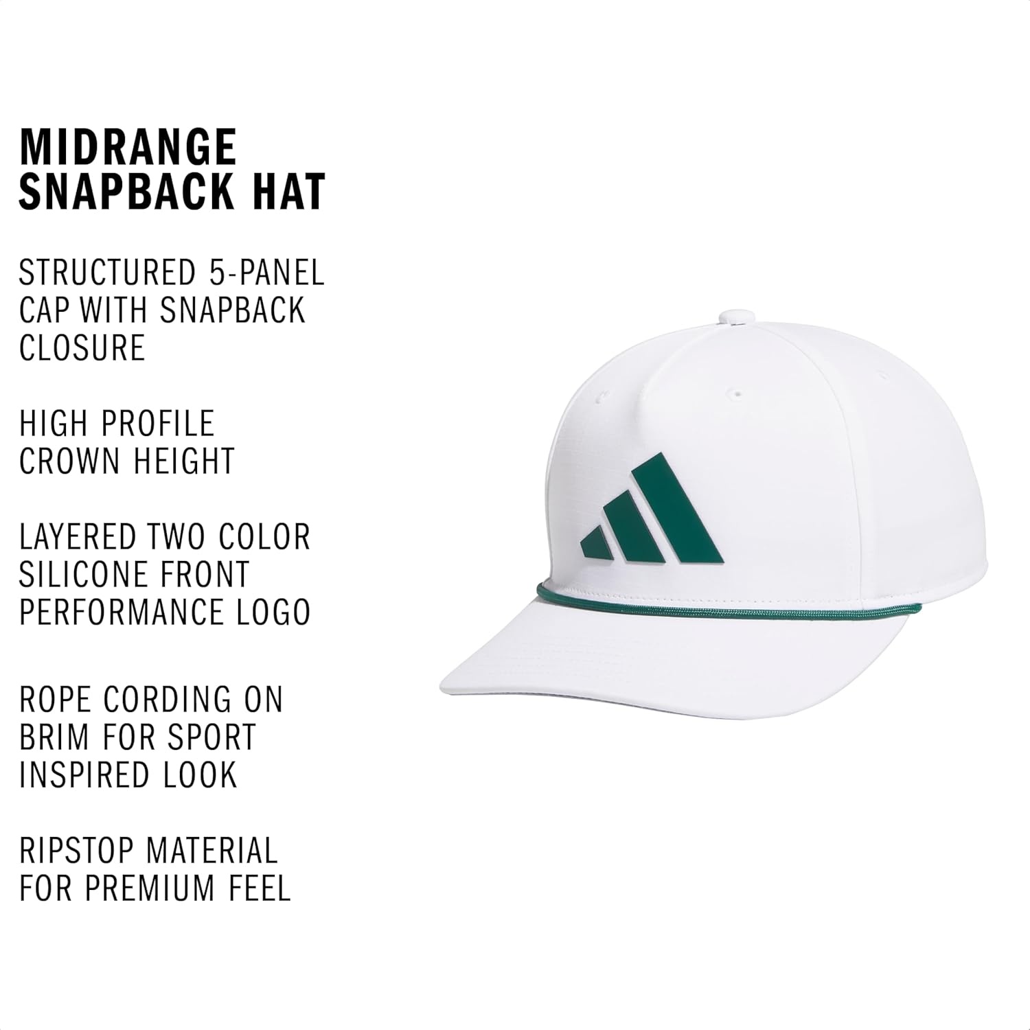 image:imageadidas Mens Midrange Hat Athletic Structured Snapback CapWhiteCollegiate GreenBlack