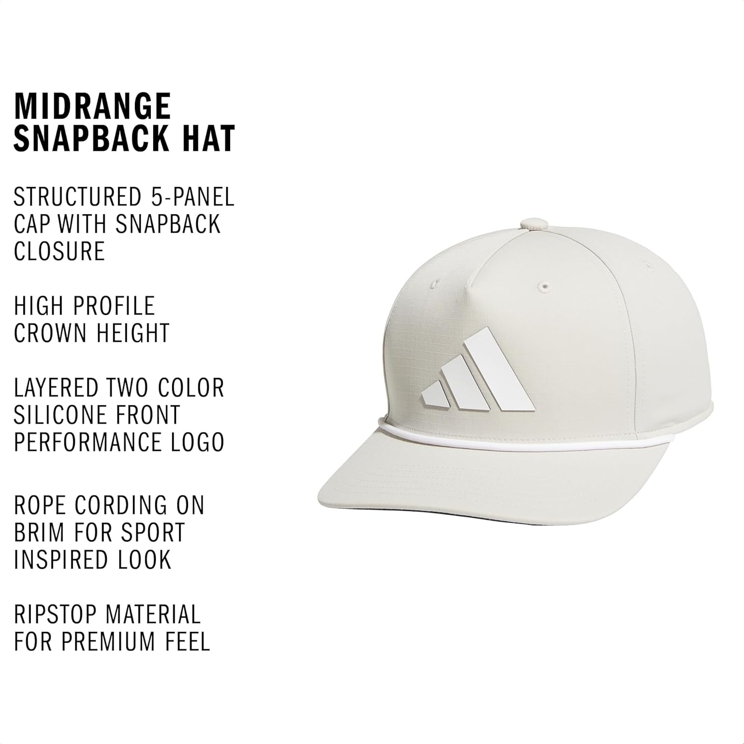 image:imageadidas Mens Midrange Hat Athletic Structured Snapback CapWonder Alumina GreyWhiteBlack