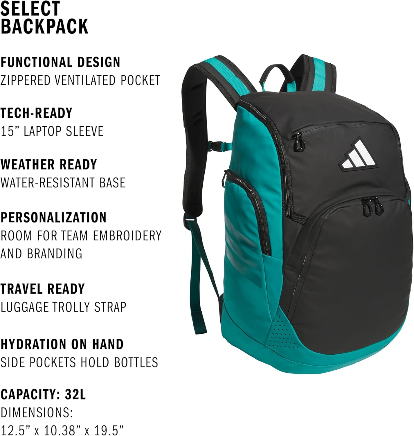 image:imageadidas Select Basketball Backpack for Practice Gym and Travel 32LBlackPure Teal Green