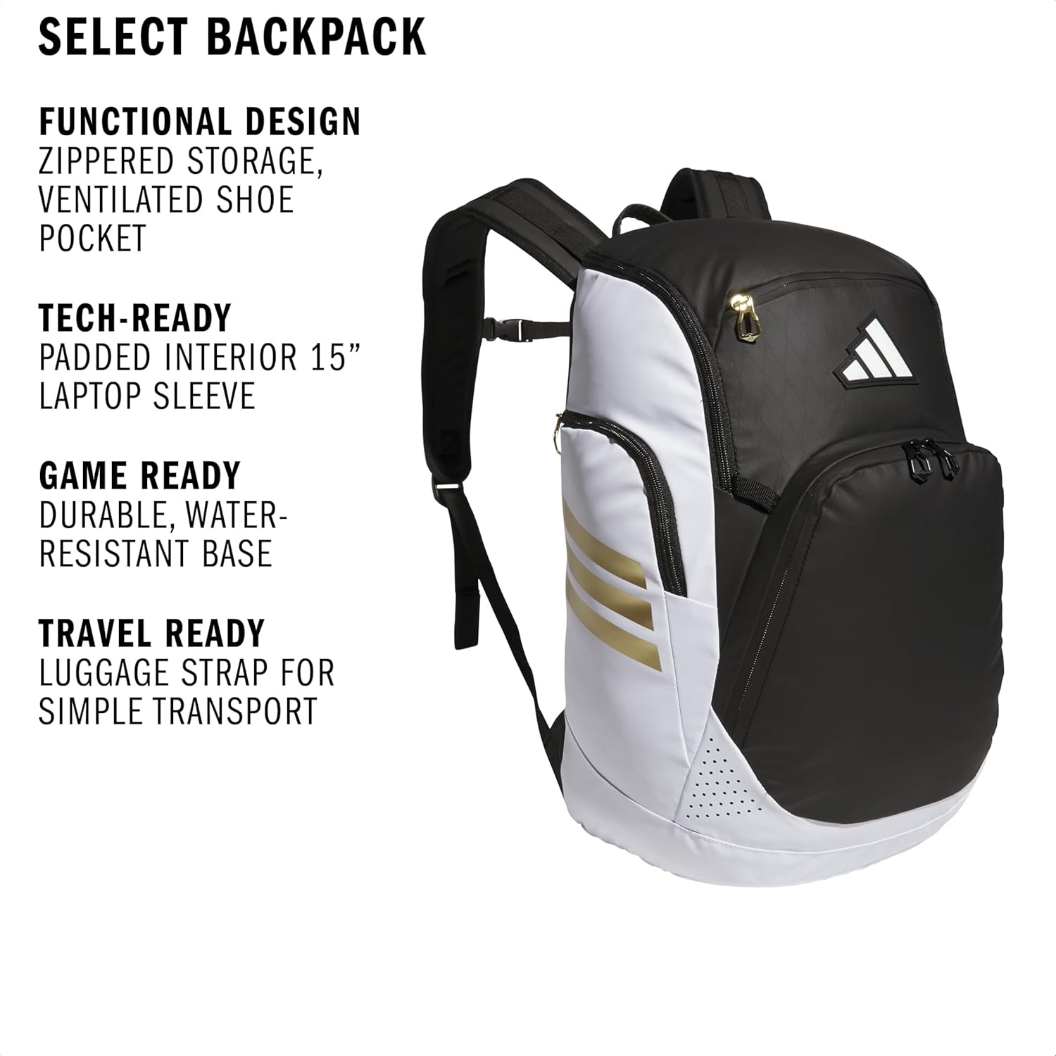 image:imageadidas Select Basketball Backpack for Practice Gym and Travel 32LWhiteBlackGold Metallic