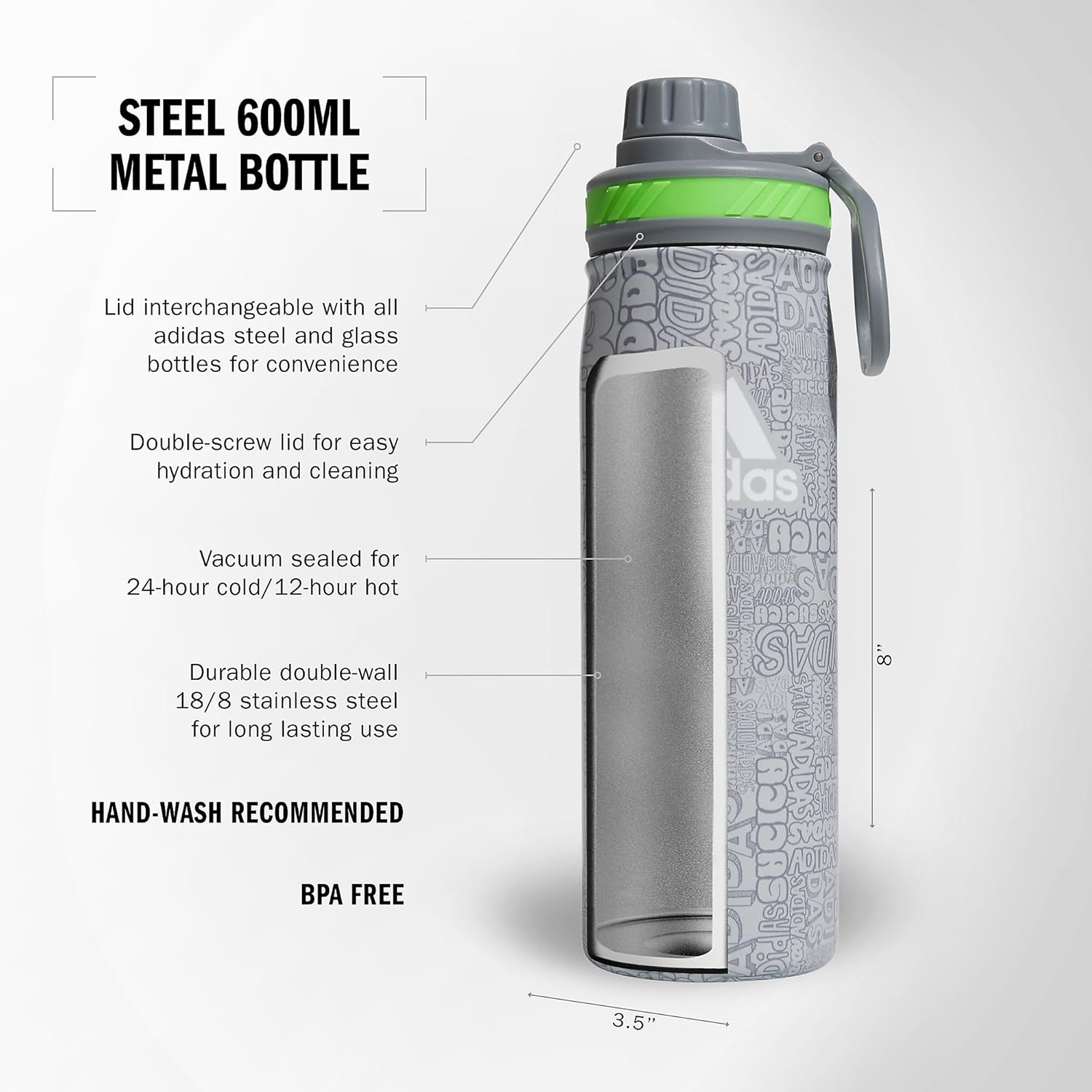 image:imageadidas Stainless Steel Metal Water Bottle 20 oz 600 mL Screw CapAdi Font Madness Stone GreyGreyLucid Lime Green