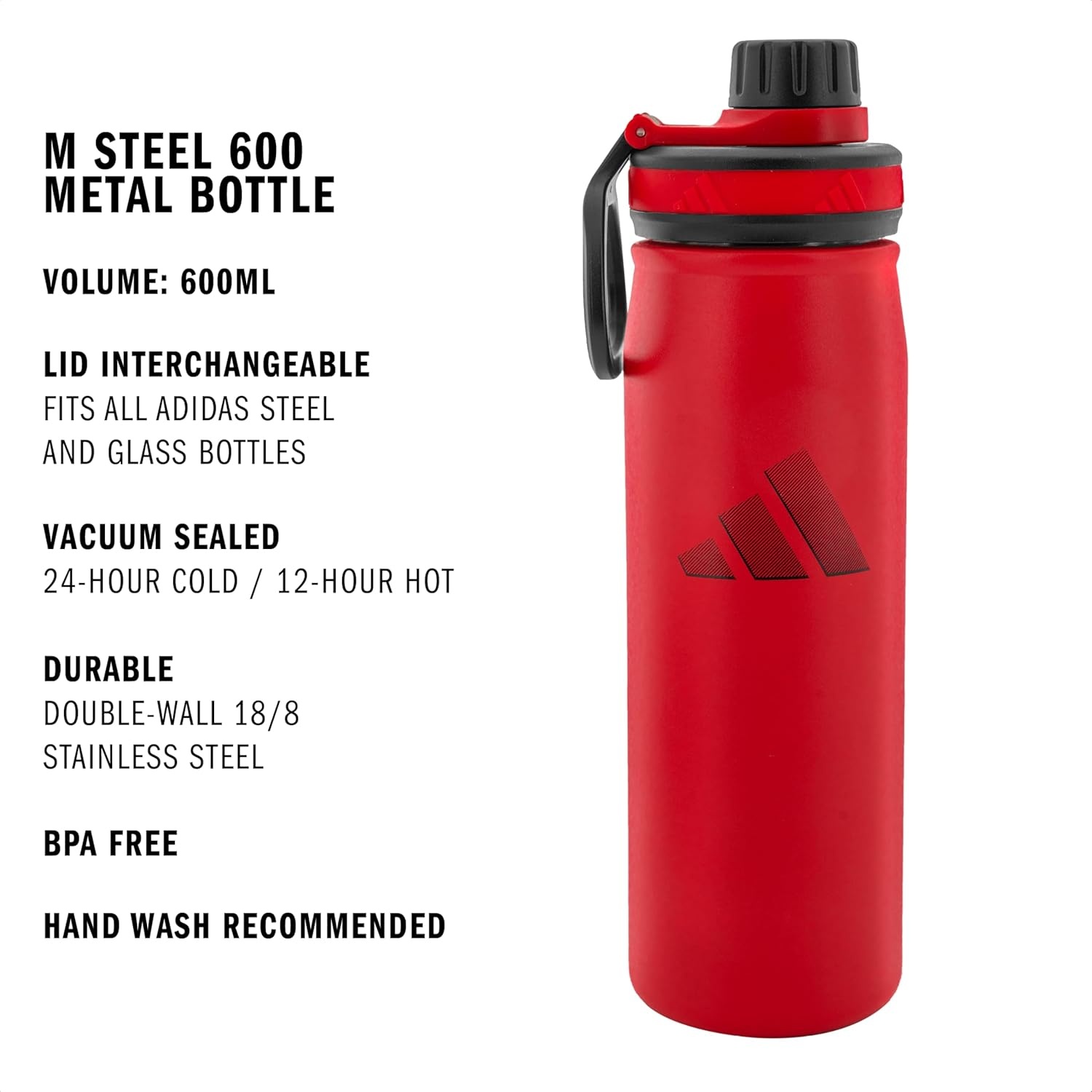 image:imageadidas Stainless Steel Metal Water Bottle 20 oz 600 mL Screw CapBetter ScarletBlack