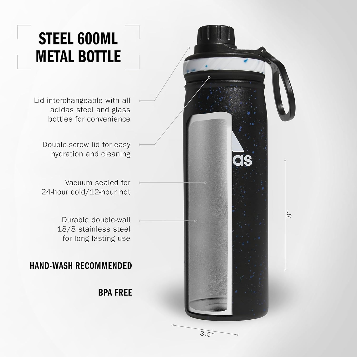image:imageadidas Stainless Steel Metal Water Bottle 20 oz 600 mL Screw CapBlackBright Royal BlueWhite