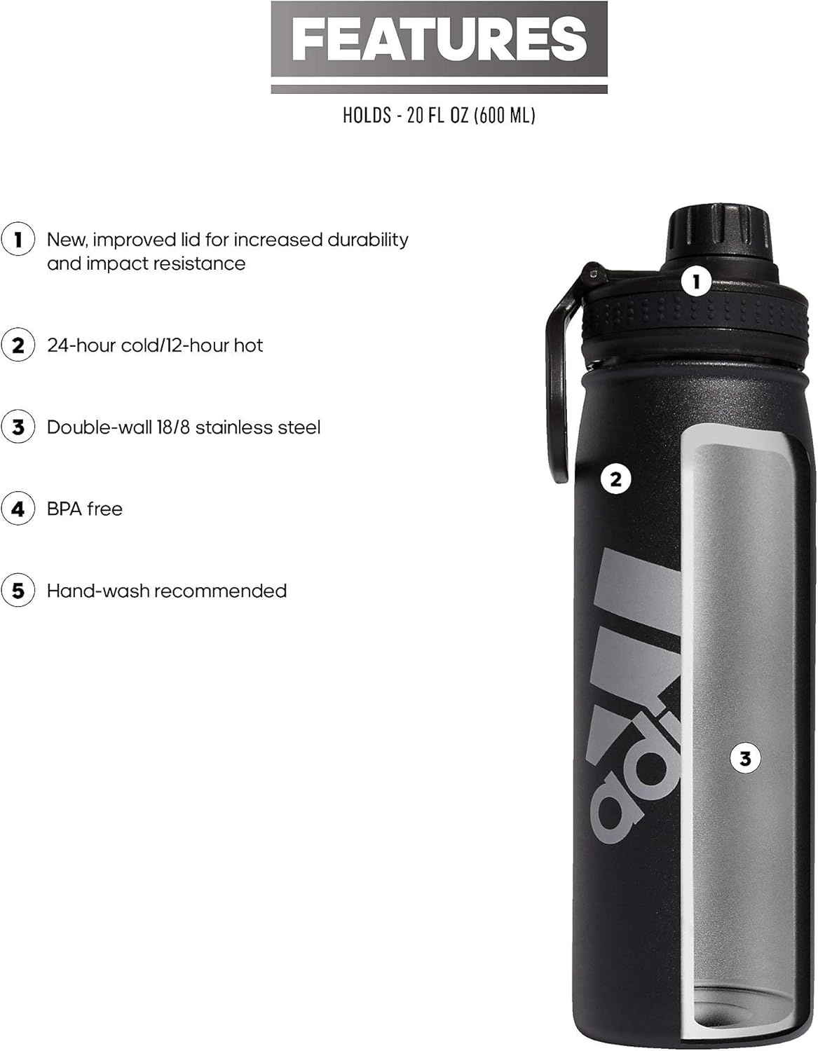 image:imageadidas Stainless Steel Metal Water Bottle 20 oz 600 mL Screw CapBlackSilver Metallic