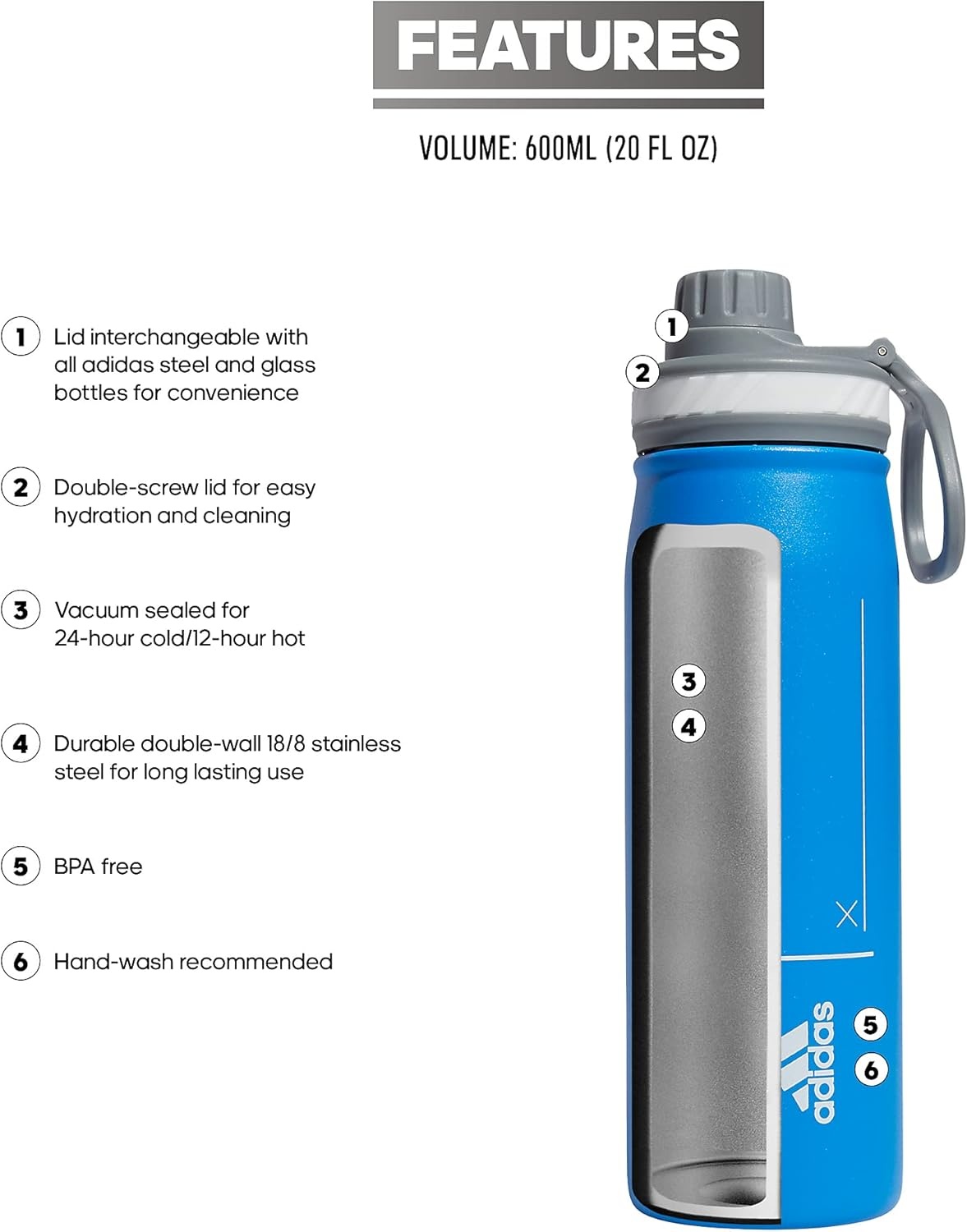 image:imageadidas Stainless Steel Metal Water Bottle 20 oz 600 mL Screw CapBlue RushWhiteGrey